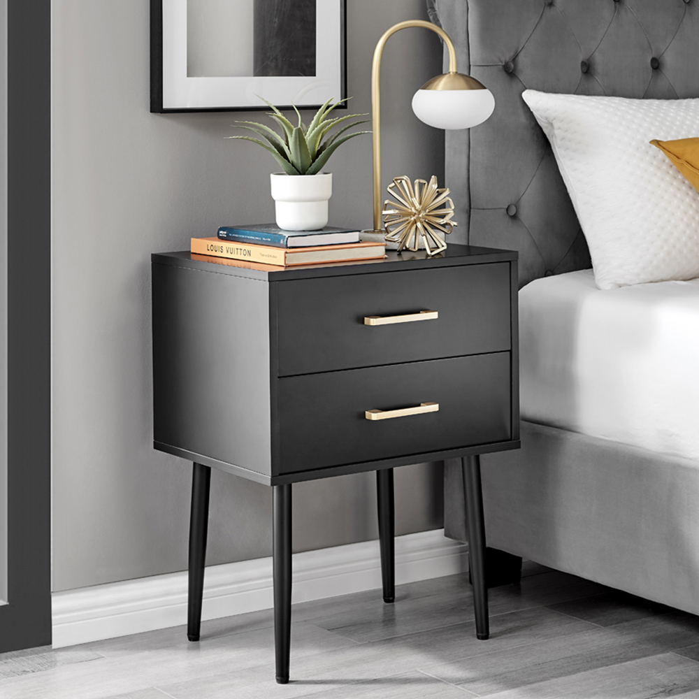 Furniturebox Tyler 2 Drawer Black and Silver Small Bedside Table Image 1