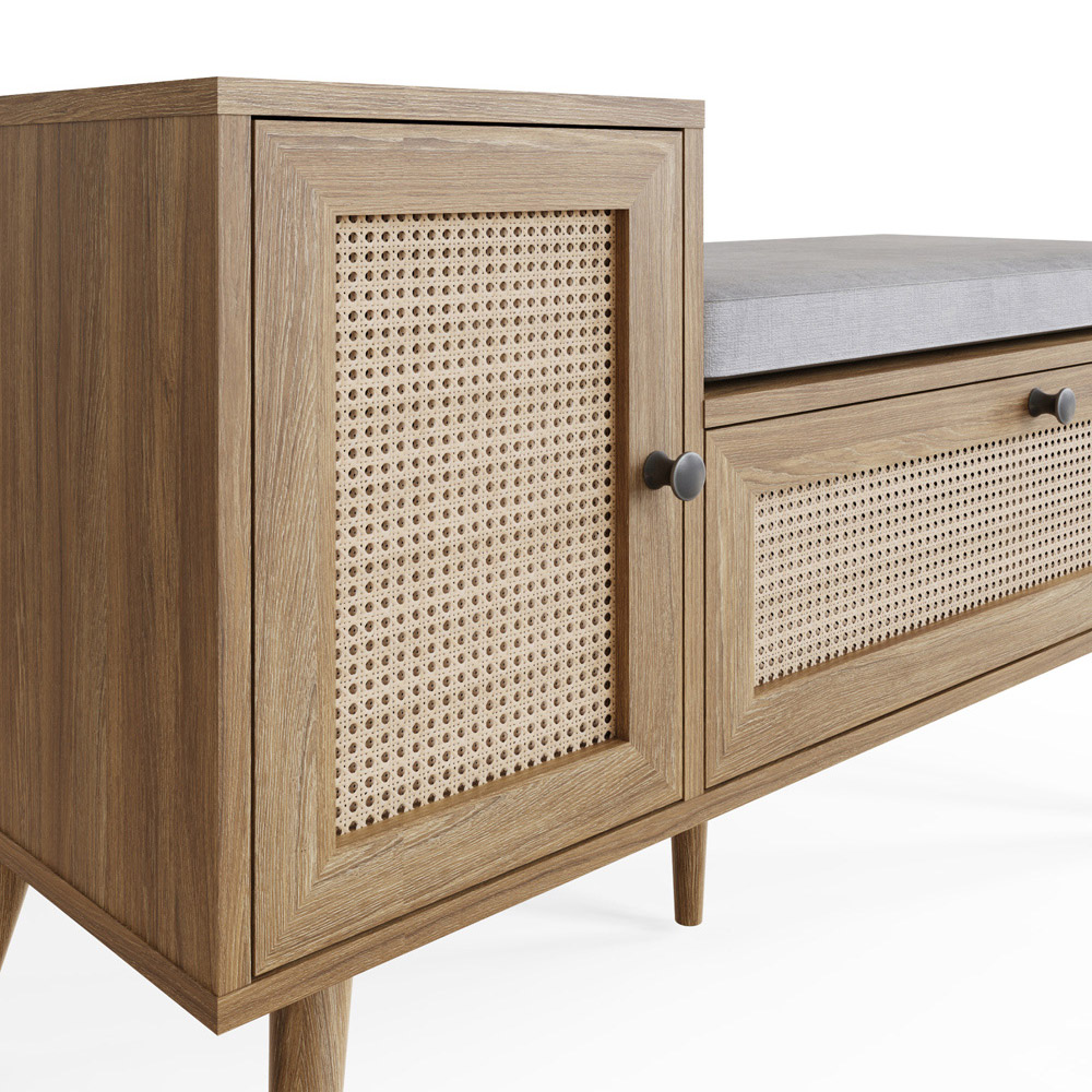 GFW Noor 2 Door Oak Rattan Shoe Cabinet with Cushioned Seat Image 6