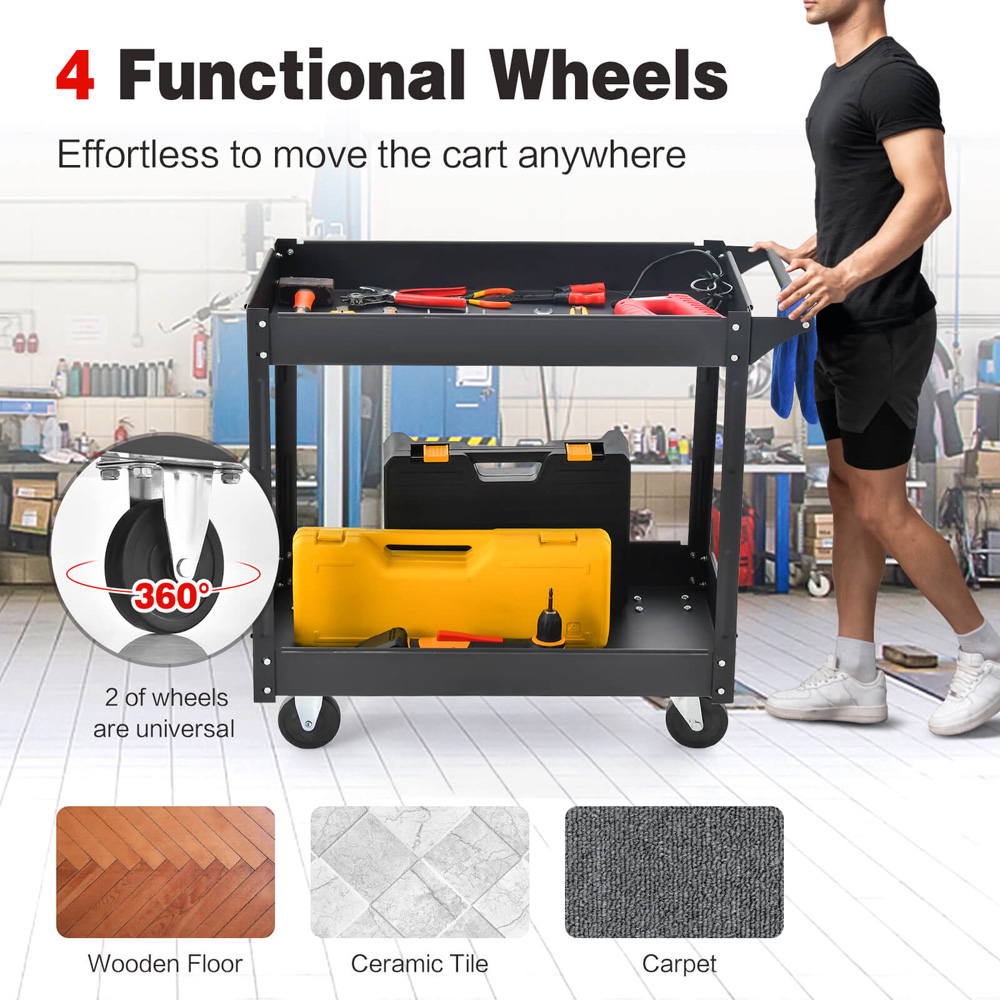 Costway 2 Shelf Black Tool Trolley with Wheels Image 6