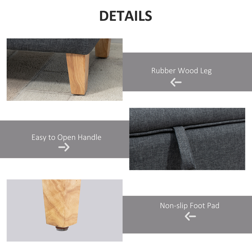 Portland Dark Grey Linen Ottoman Storage Padded Footstool with Rubberwood Legs Image 6