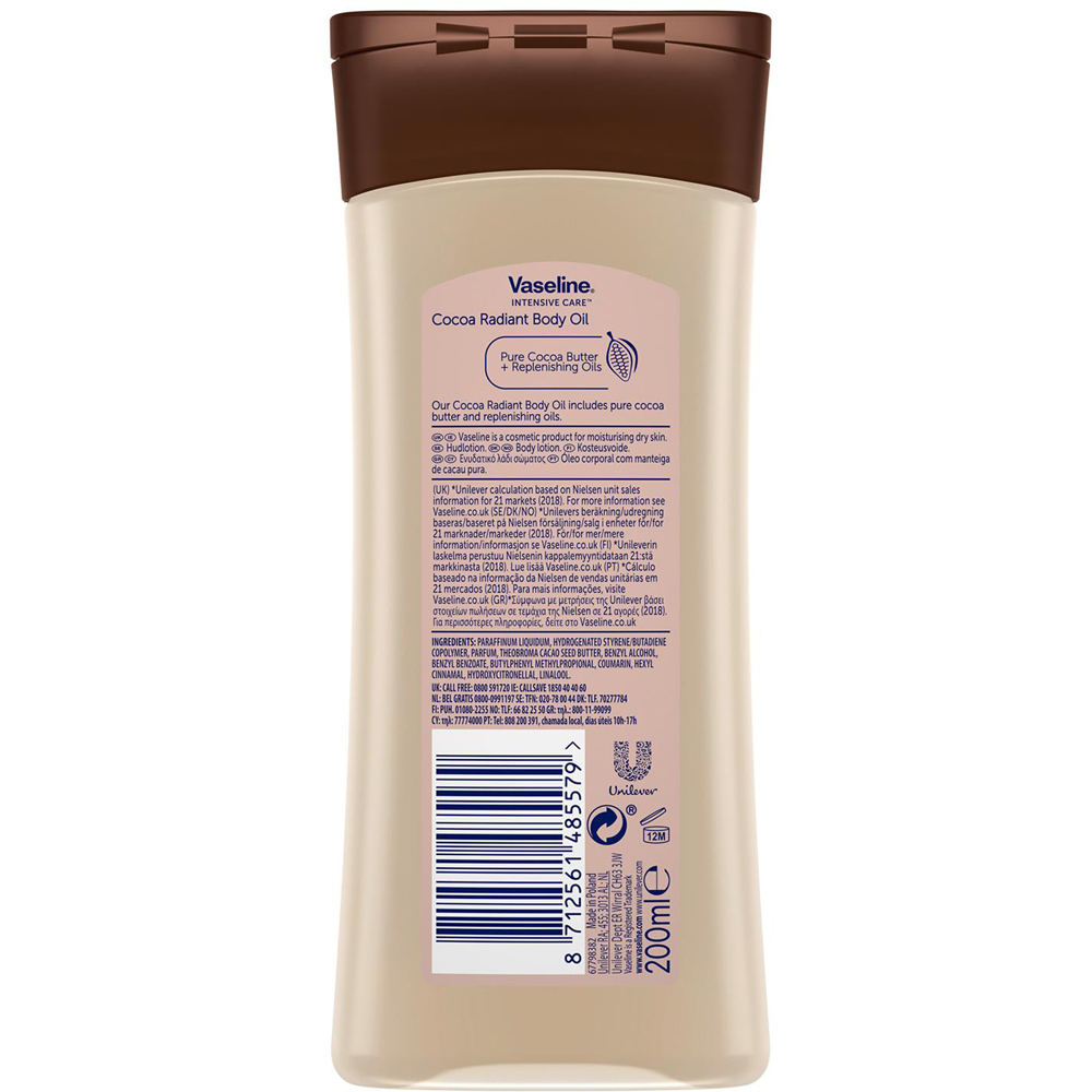 Vaseline Intensive Care Cocoa Radiant Pure Cocoa Butter Body Gel Oil 200ml 6 Pack Image 3