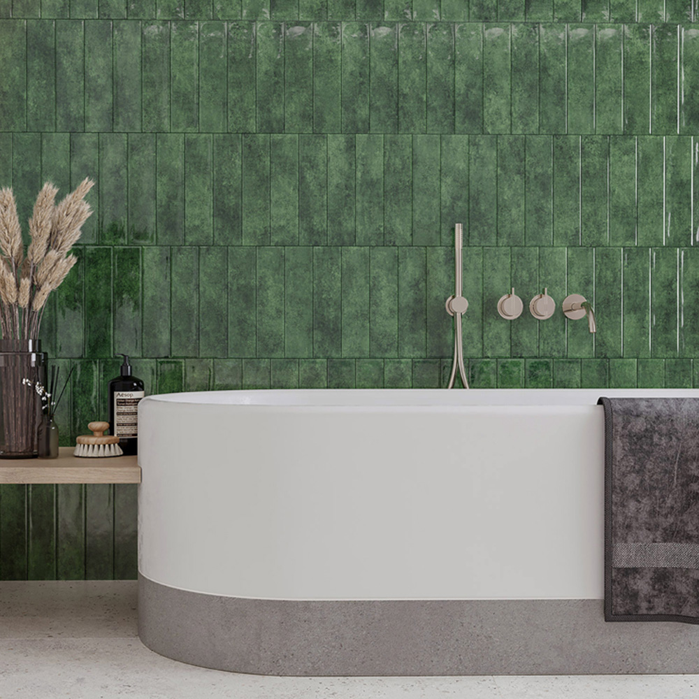 Top Ceramics Forest Green Gloss Flat Bumpy Metro Ceramic Wall Tile 300 x 75mm Image 1