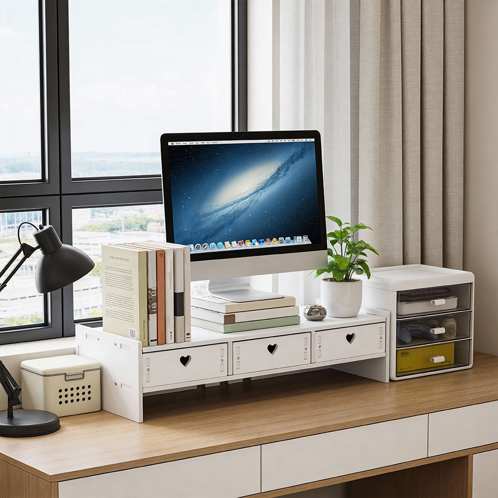 Living and Home 3 Drawer White Monitor Stand Riser Image 2
