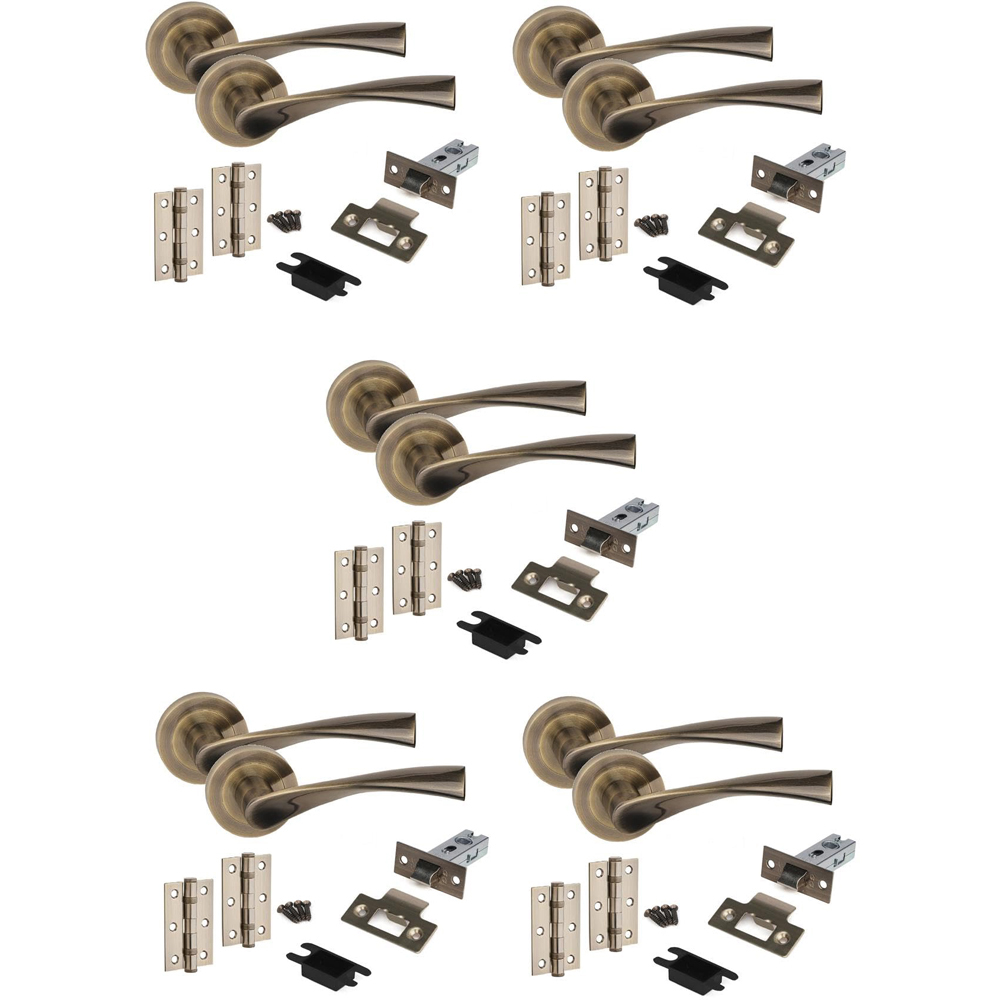 Golden Grace Astrid Antique Brass Door Handles and Tubular Latch Set 5 Pack Image 1