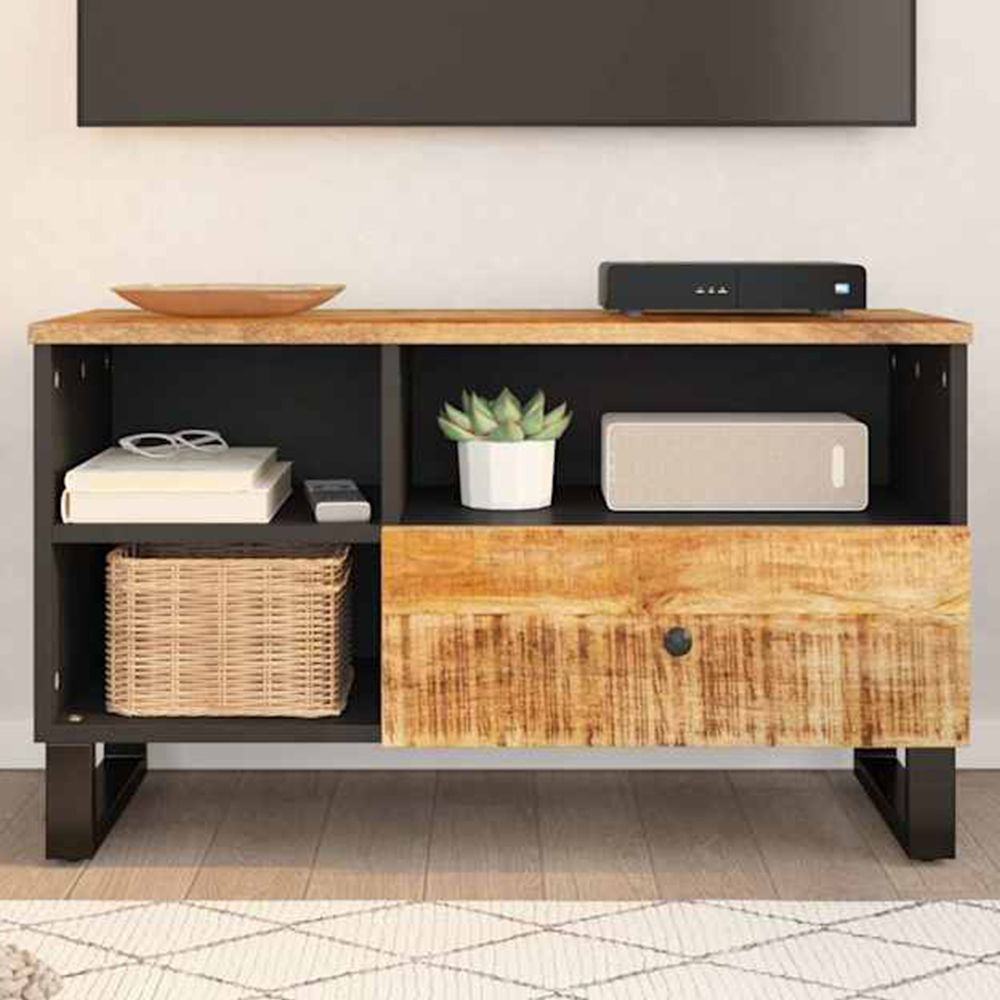 vidaXL Single Drawer 3 Shelf Light Brown Solid Mango Wood TV Cabinet Image 1