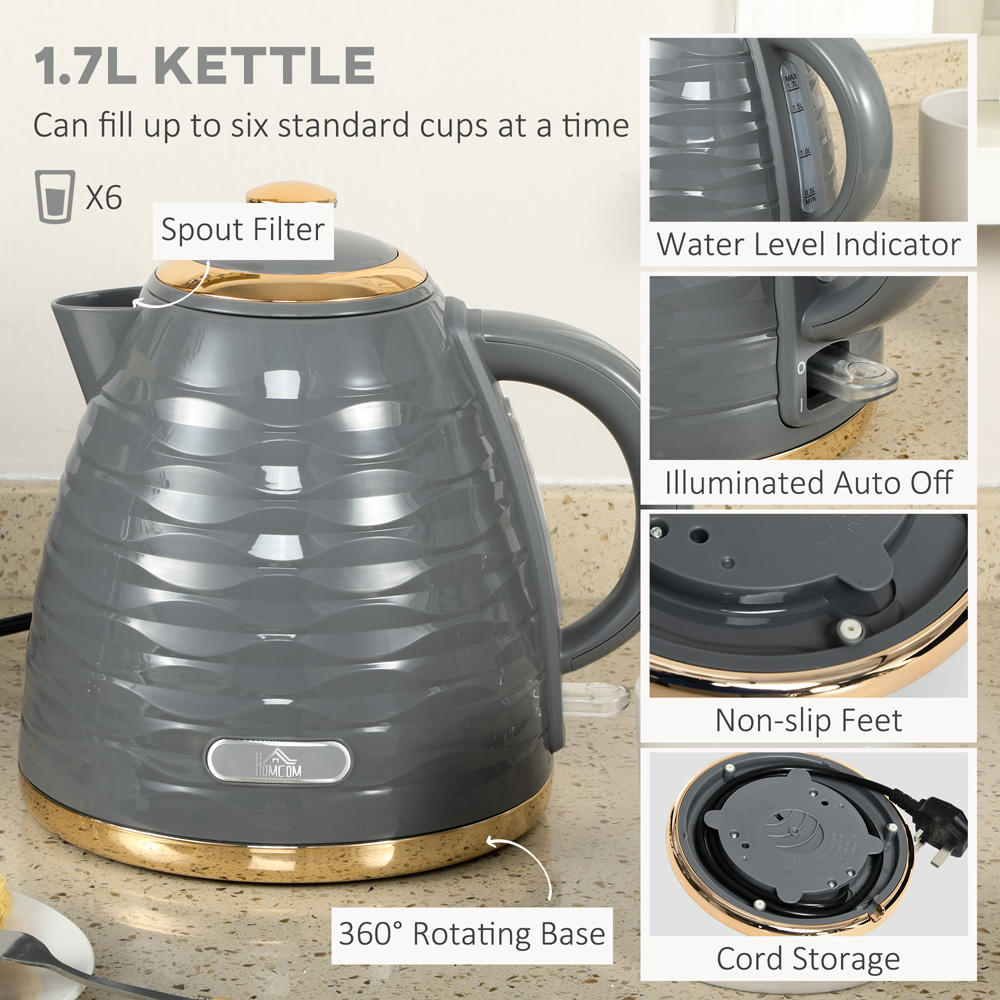 HOMCOM 800162V70GY Grey 1.7L Kettle and 4 Slice Toaster Set Image 4