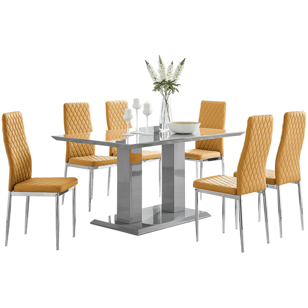 Furniturebox Molini Modern Valera 6 Seater Dining Set Grey Gloss Mustard Yellow and Chrome Image 2
