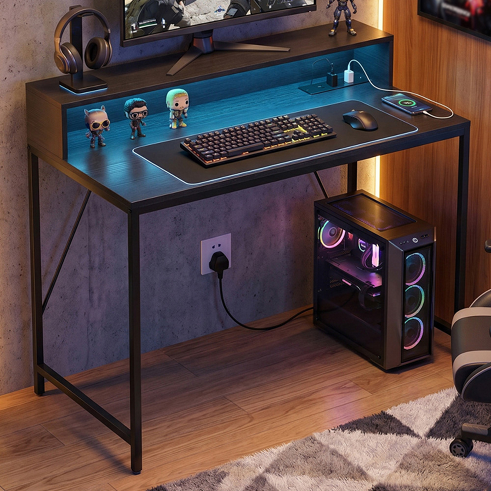 HOMCOM Gaming Desk with LED and Power Outlets Black Wood-Effect Image 1