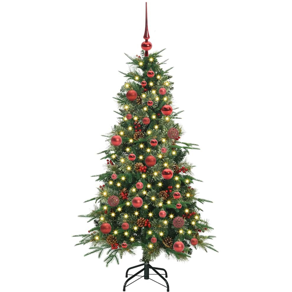 vidaXL Pre-Lit Red Baubles Green Artificial Hinged Christmas Tree 5ft Image 1