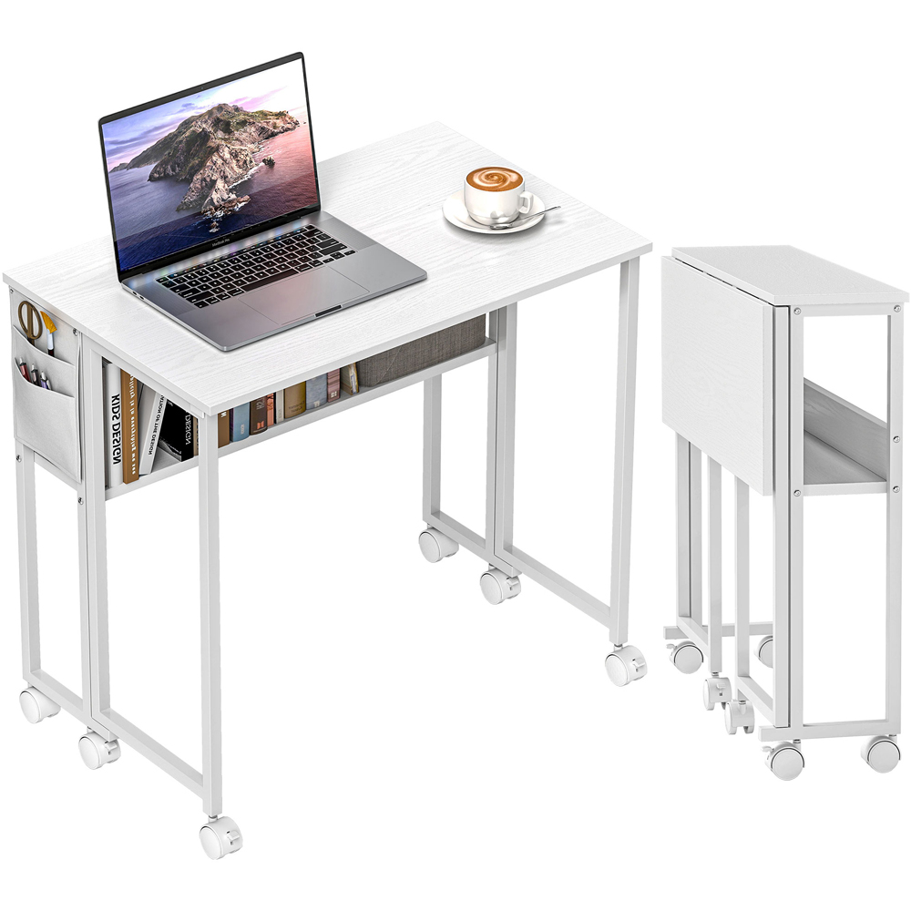 HOMCOM Single Shelf Foldable Computer Desk with Wheels and Side Bag White Image 2
