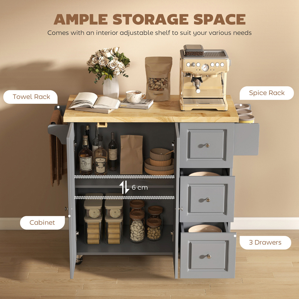 Portland 2 Door 3 Drawer Grey Drop Leaf Kitchen Island Storage Trolley Image 5