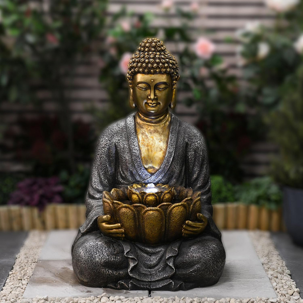 Garden Gear Gold Effect Large Sitting Buddha LED Water Feature Image 2