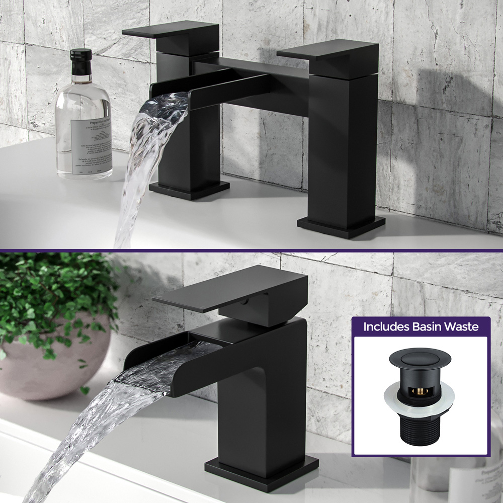 Nes Home Origin Waterfall Matte Black Bath Filler Tap and Basin Mixer Tap with Waste Image 4