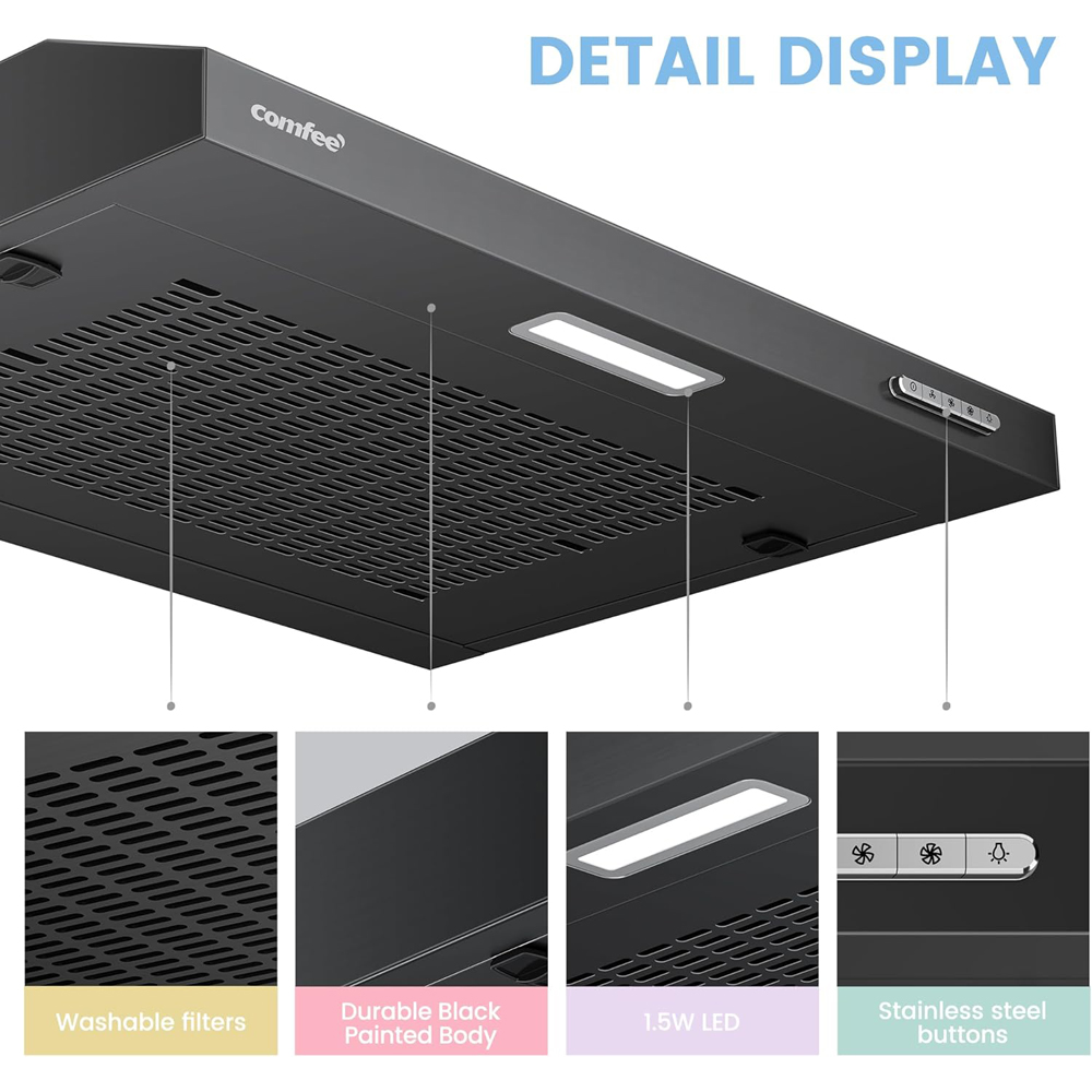 Comfee Stainless Steel Black 60cm 3 Under Cabinet Cooker Hood with Carbon Charcoal Filter Image 3