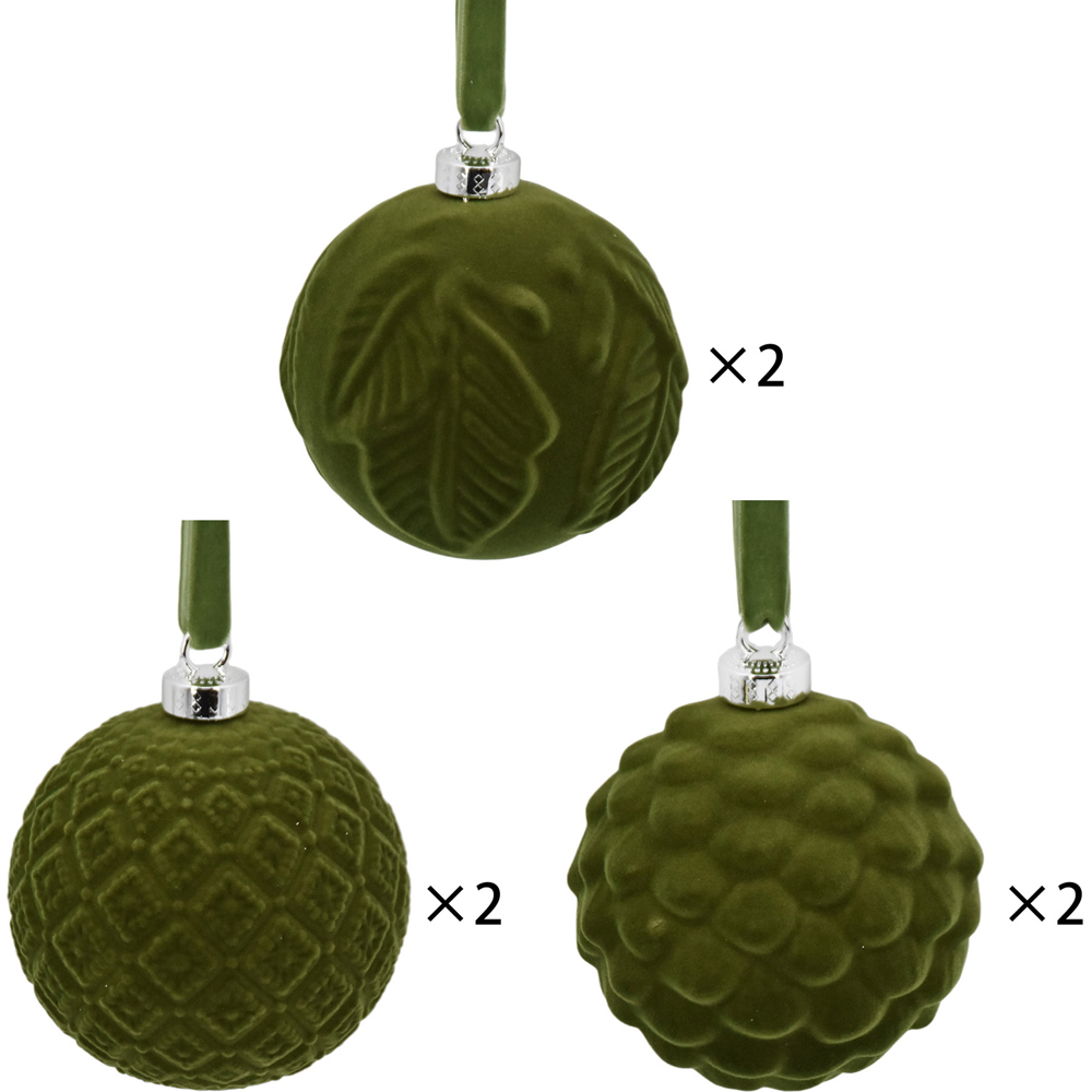 Pack of 6 Patterned Flocked Baubles Green Image 2