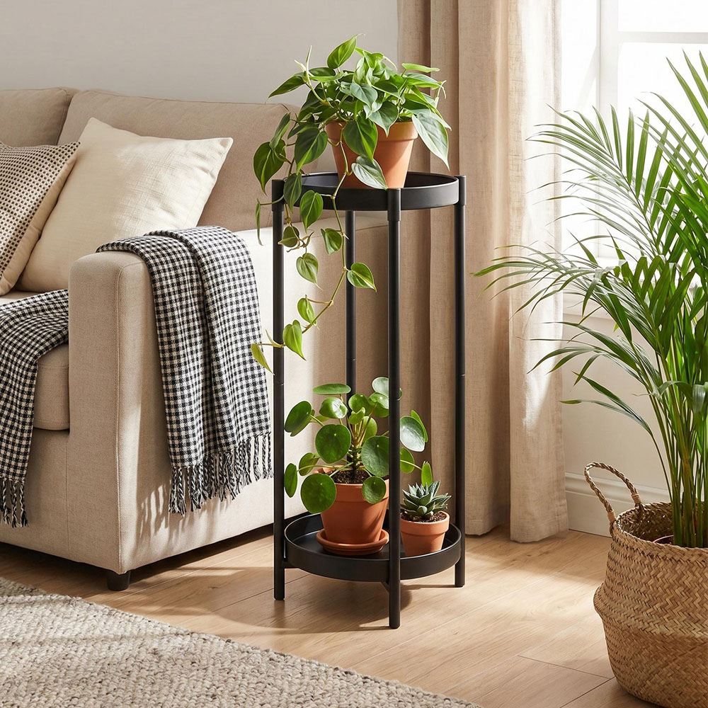 Living and Home 2 Shelf Black Metal Plant Stand Image 2