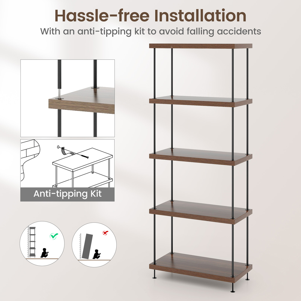Costway 5 Shelf Brown Multipurpose Bookcase Image 7