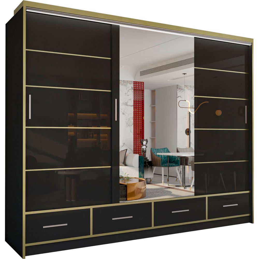 M N Furniture Silora 3 Door 4 Drawer Black and Gold High Gloss Mirrored Sliding Wardrobe 253cm Image 2