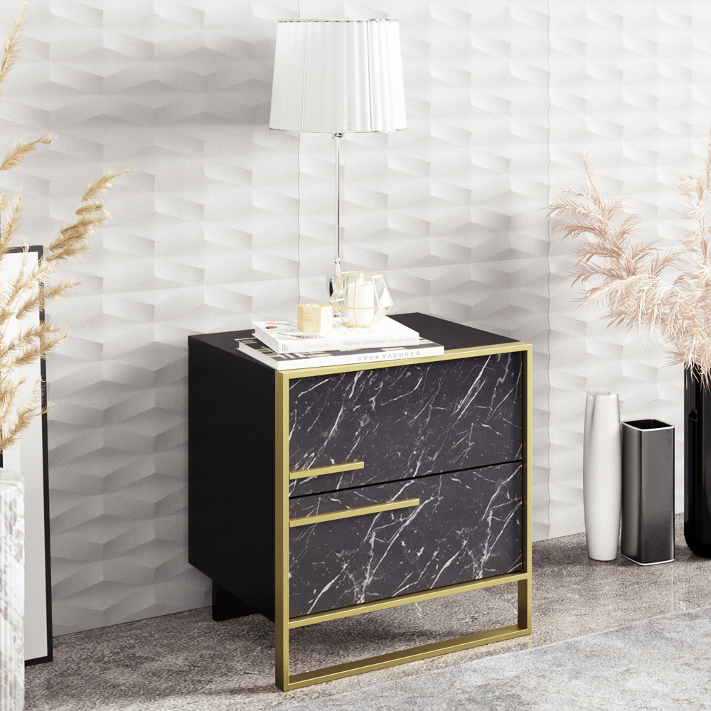 Decorotika Polka 2 Drawer Black Marble Effect and Gold Bedside Table Image 4