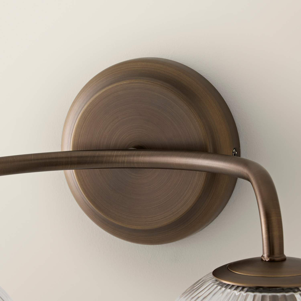 ValueLights Kempton 2 Arm Ribbed Glass Globe Brushed Brass LED Wall Light with Bulb Image 5