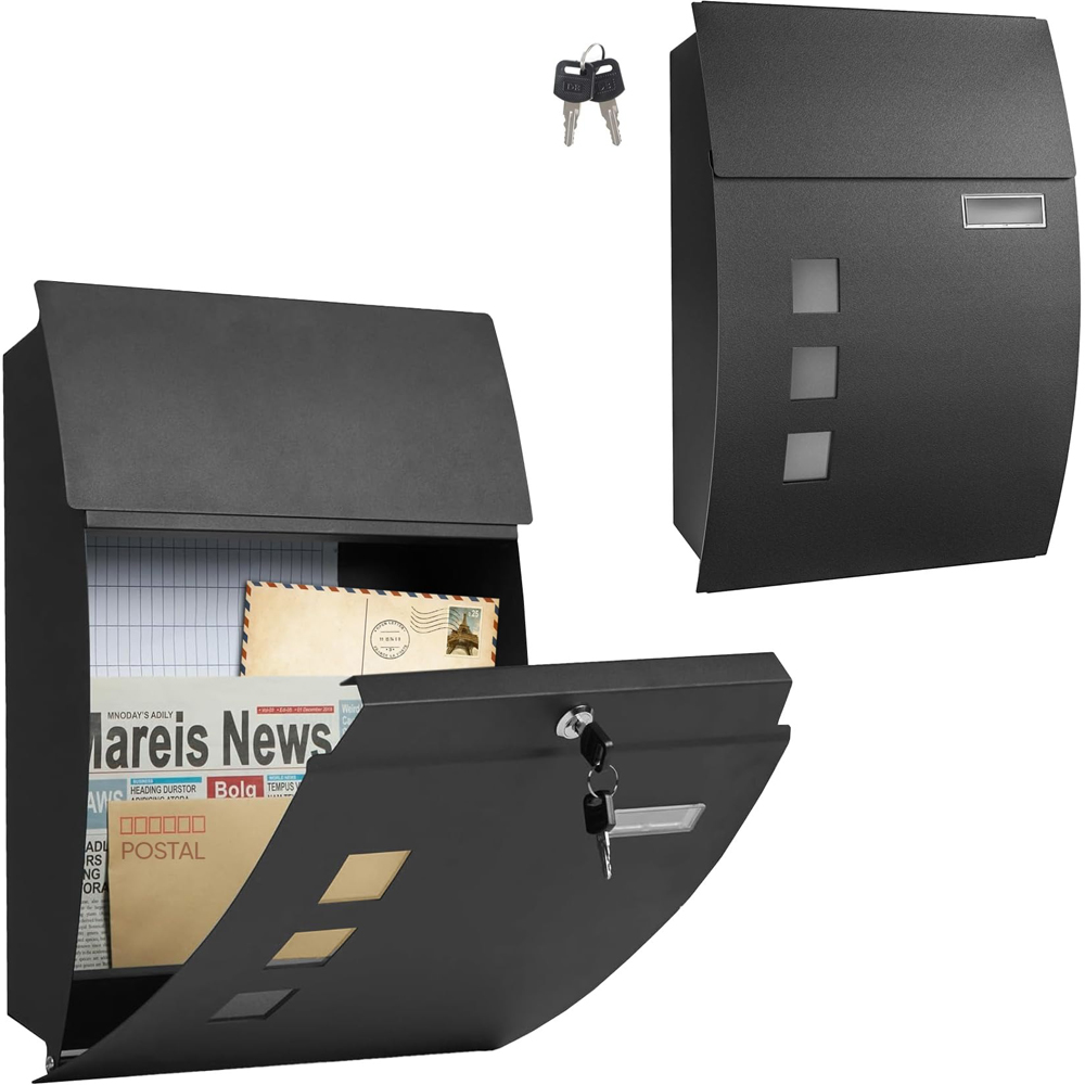 ATEK Black Steel Large Wall-Mounted Lockable Letterbox with 2 Keys Image 3