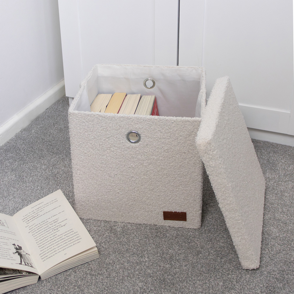 JVL Shiro White Boucle Fabric Foldable Cube Organiser Box with Lid Image 8