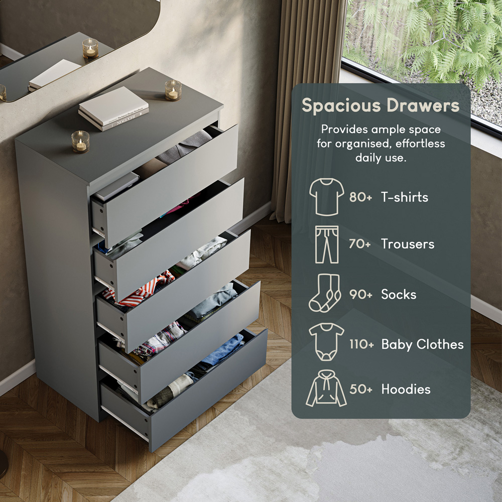 VIDA DESIGNS Denver 5 Drawer Grey Chest of Drawers Image 6