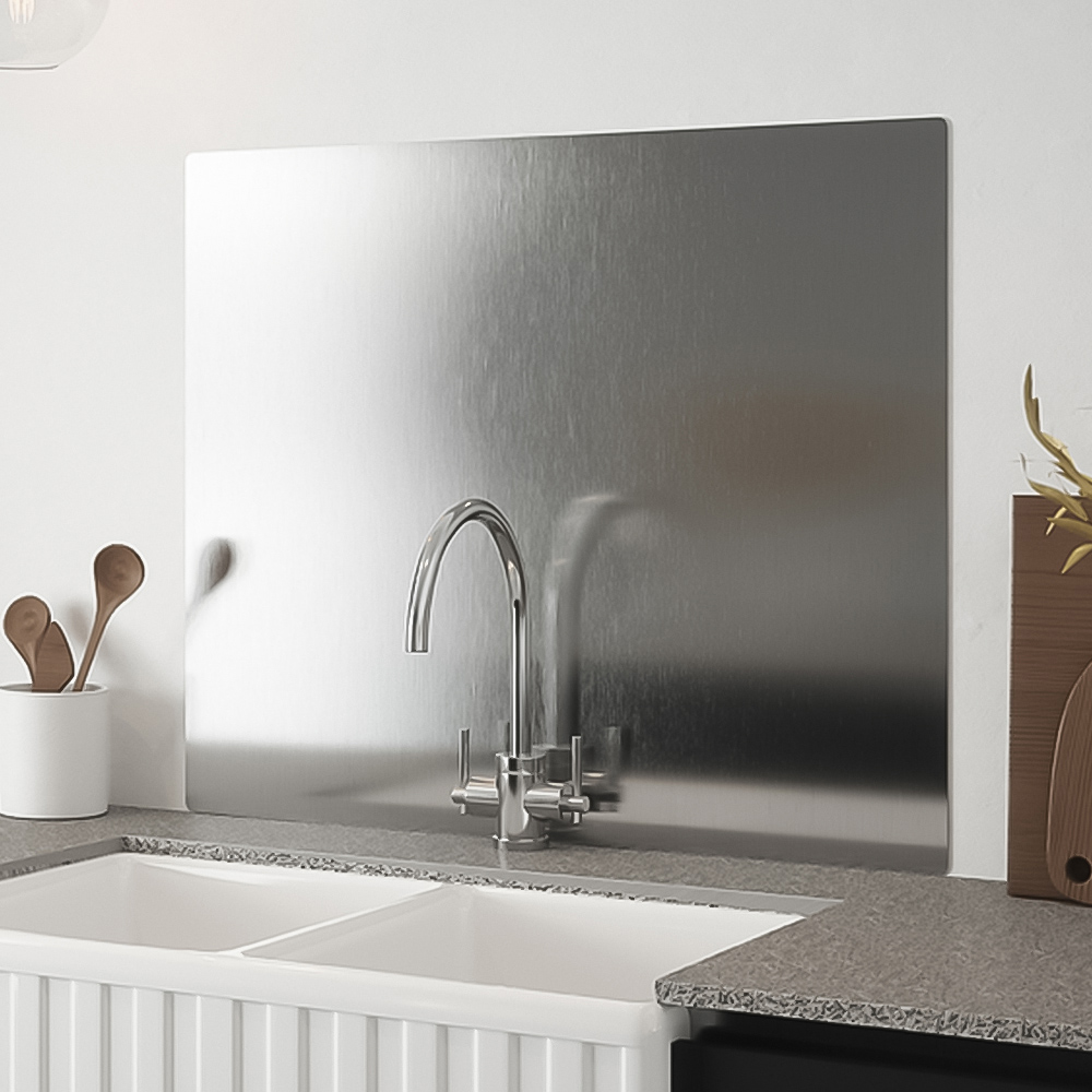 Metallico Brushed Silver Stainless Steel Kitchen Splashback 90 x 75 cm Image 1