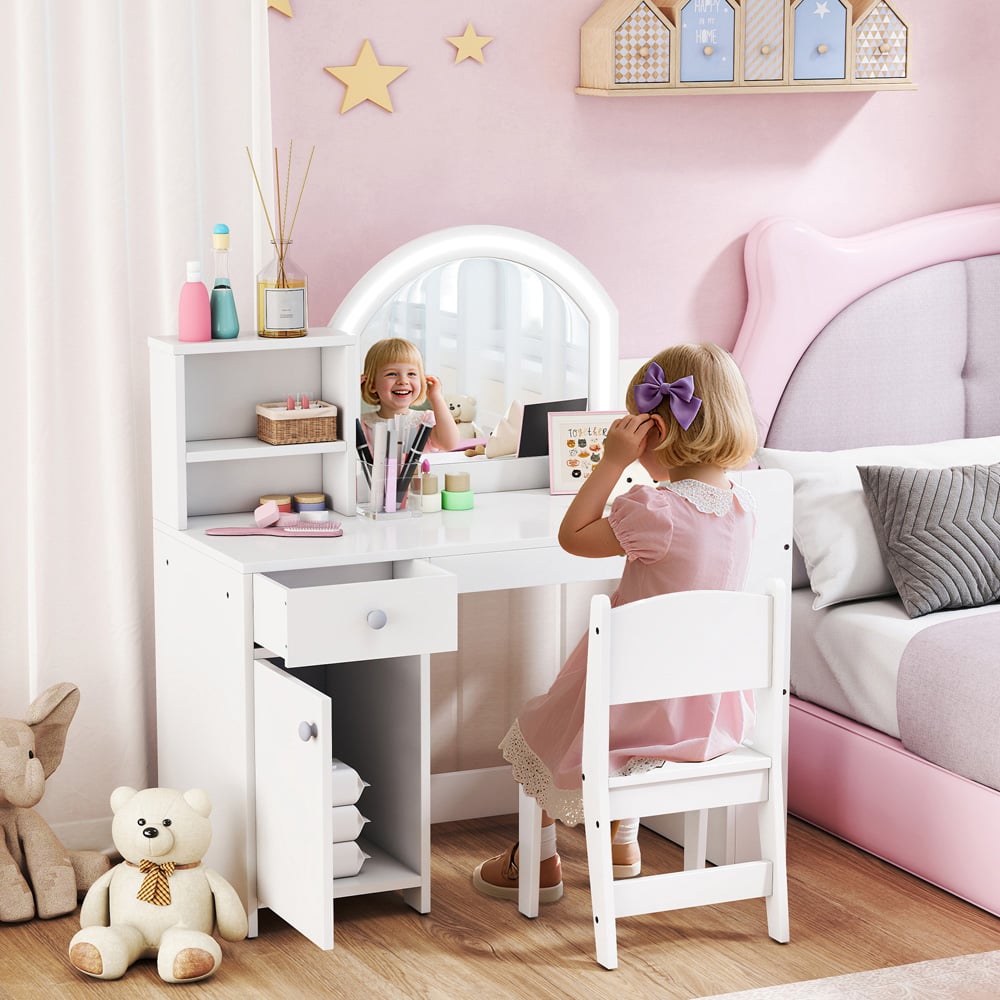 AIYAPLAY 2 Piece White LED Mirror Kids Dressing Table and Stool Set Image 4
