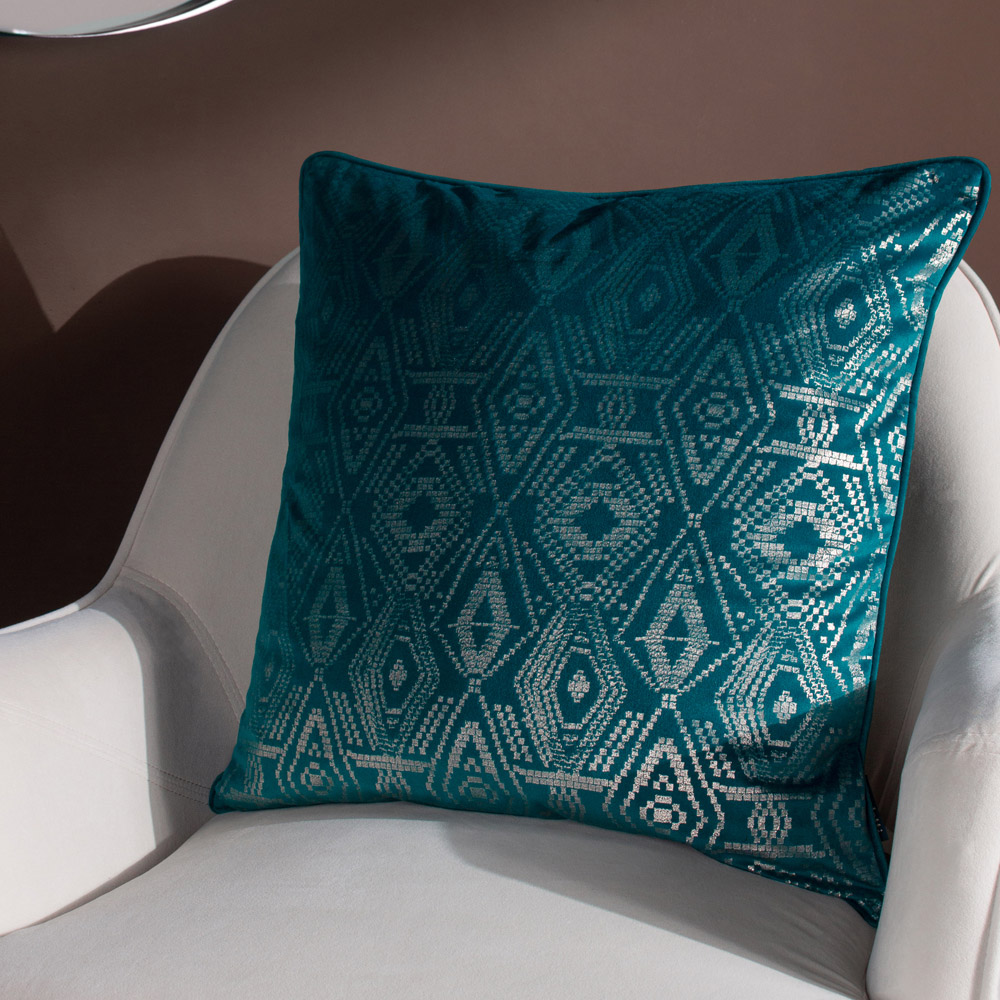 Paoletti Tayanna Teal Velvet Touch Piped Cushion Image 2