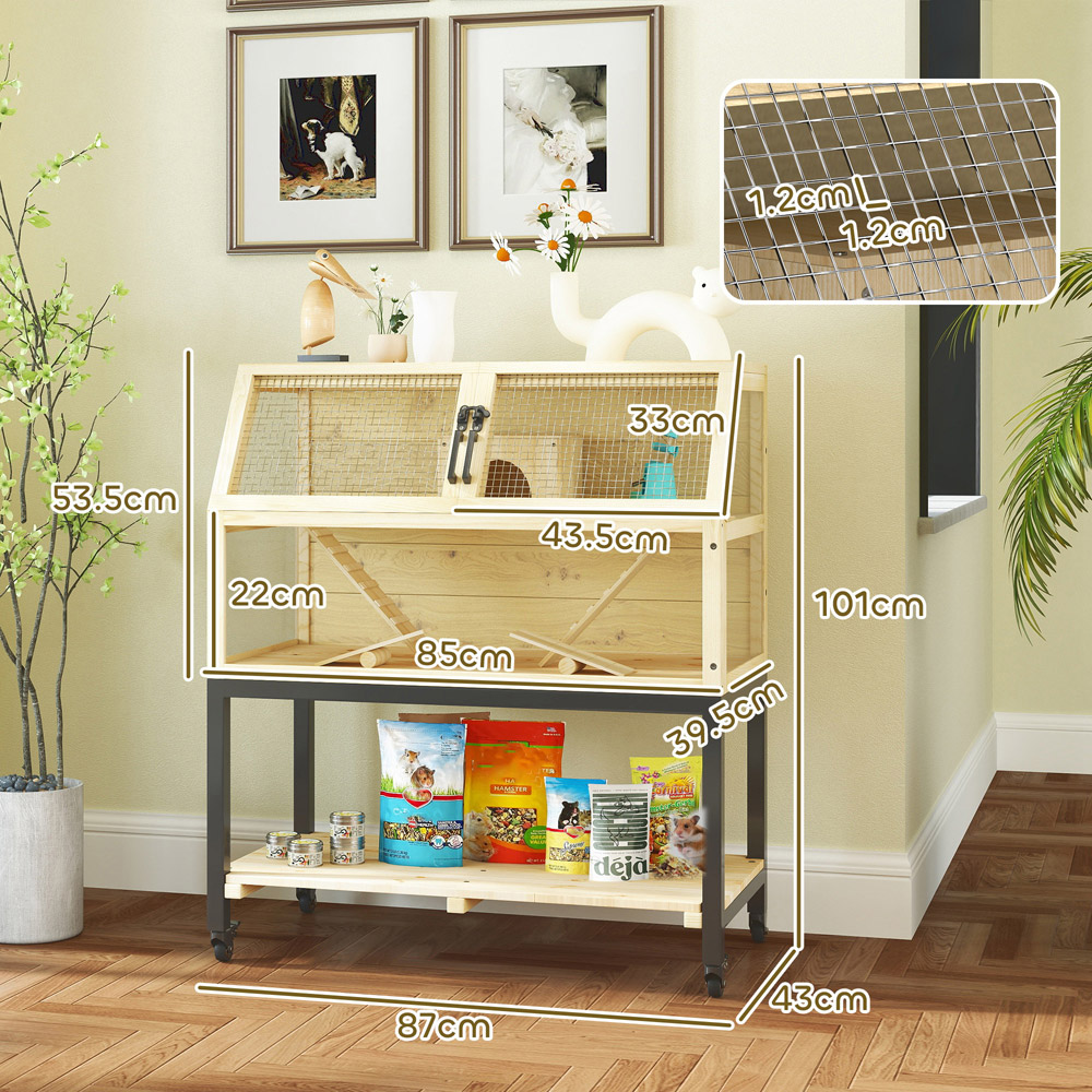 PawHut Wooden Hamster Cage with Storage Shelf and Wheels Image 9