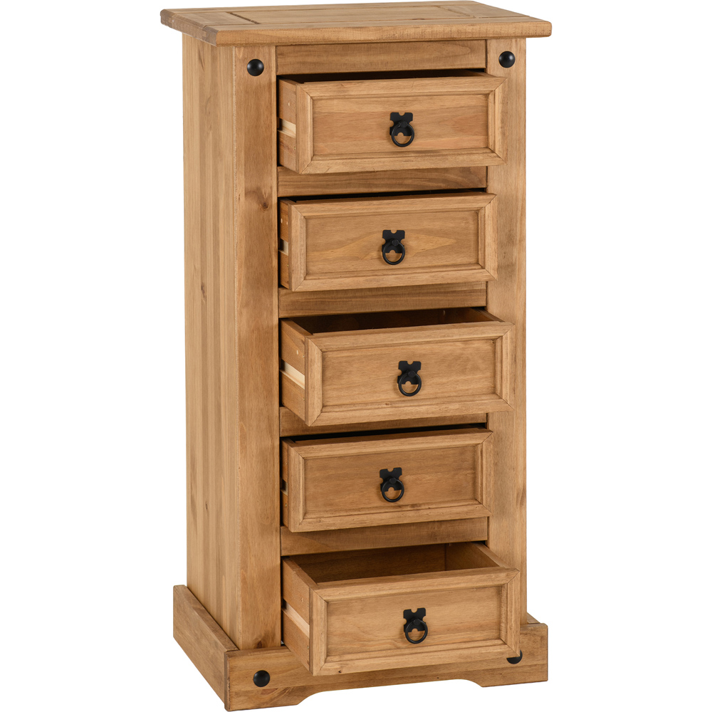Seconique Corona 5 Drawer Distressed Waxed Pine Narrow Chest of Drawers Image 4