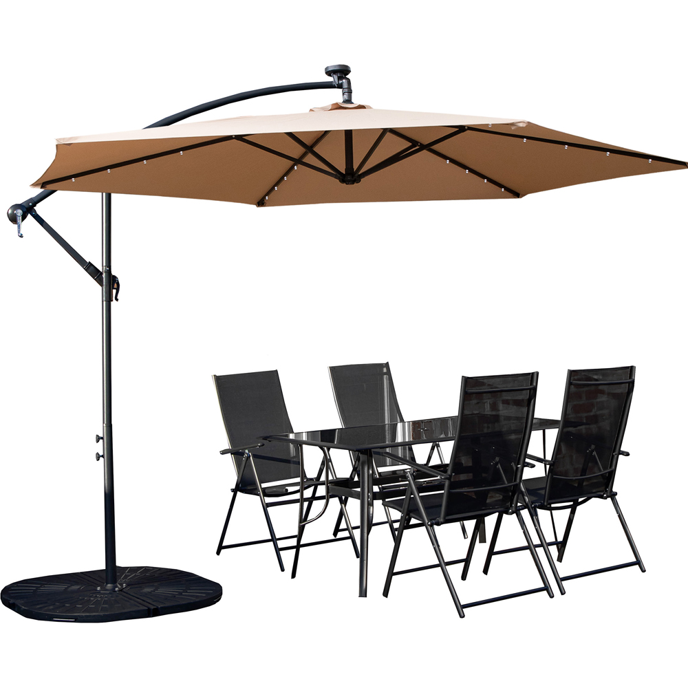 Samuel Alexander 4 Seater Glass Top Outdoor Dining Set with Beige Banana Lit Parasol and Base Image 2