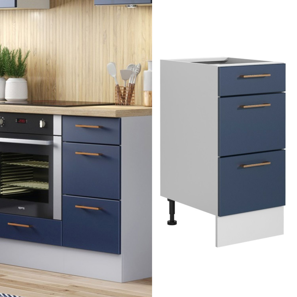 Impact Furniture Nora 3 Drawer Dark Navy Freestanding Slim Kitchen Drawer Base Unit 400mm Image 2
