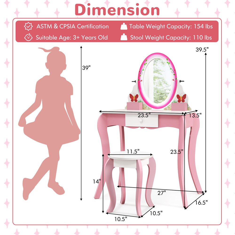 Costway White and Pink Kids Vanity Table and Stool Set with Mirror and Whiteboard Image 9