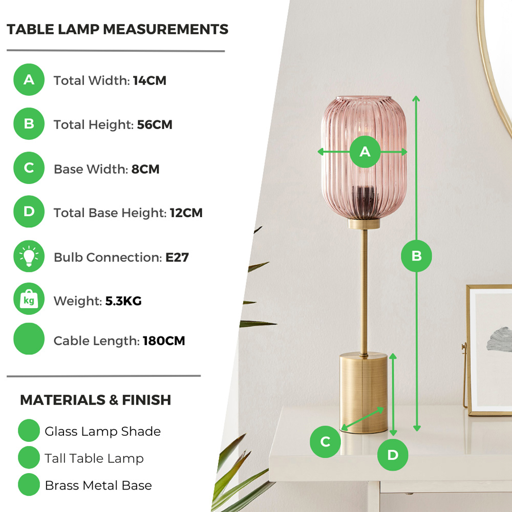 Furniturebox Corey Pink Glass Brass Table Lamp Image 9