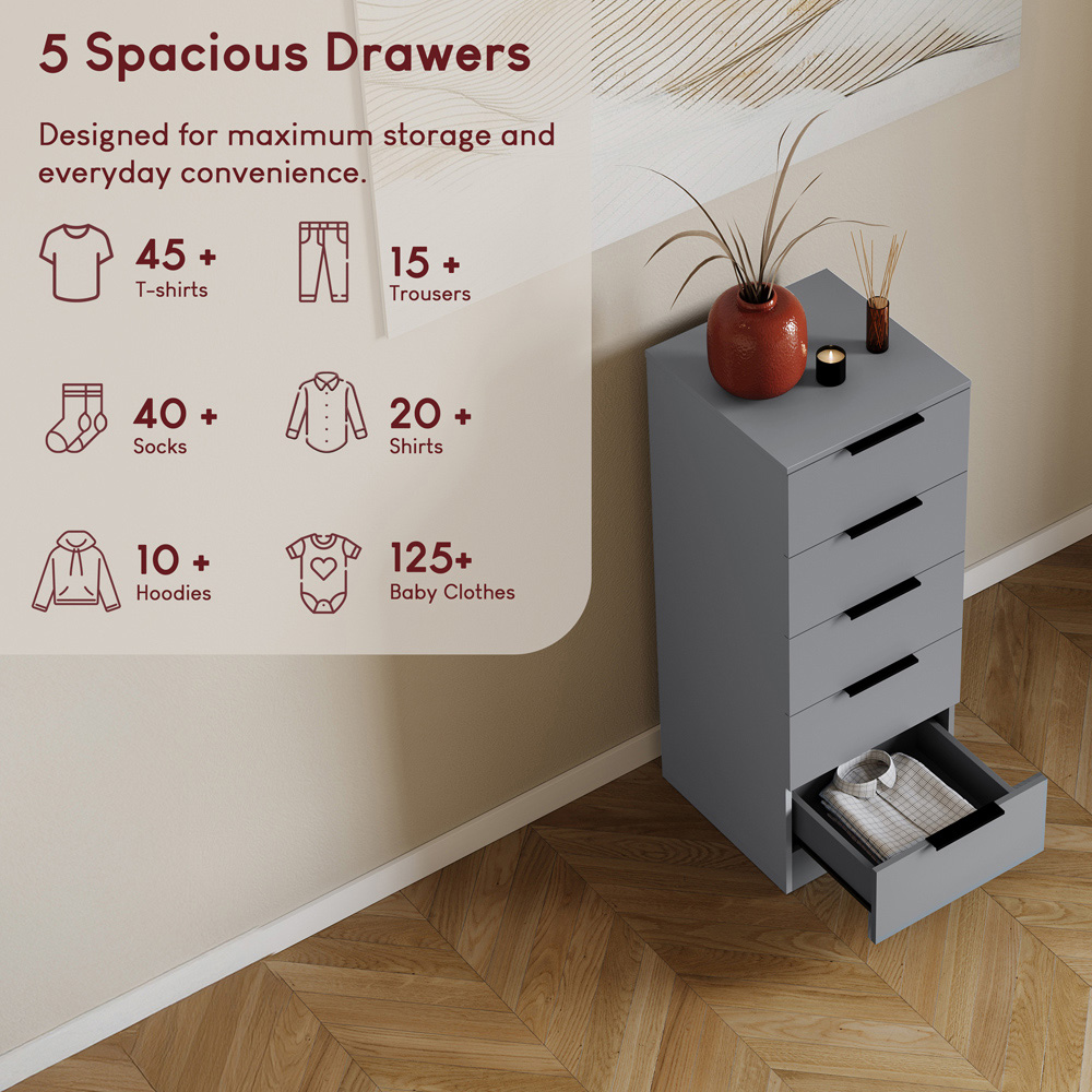 VIDA DESIGNS Trega 5 Drawer Grey Narrow Bedside Cabinet Image 6