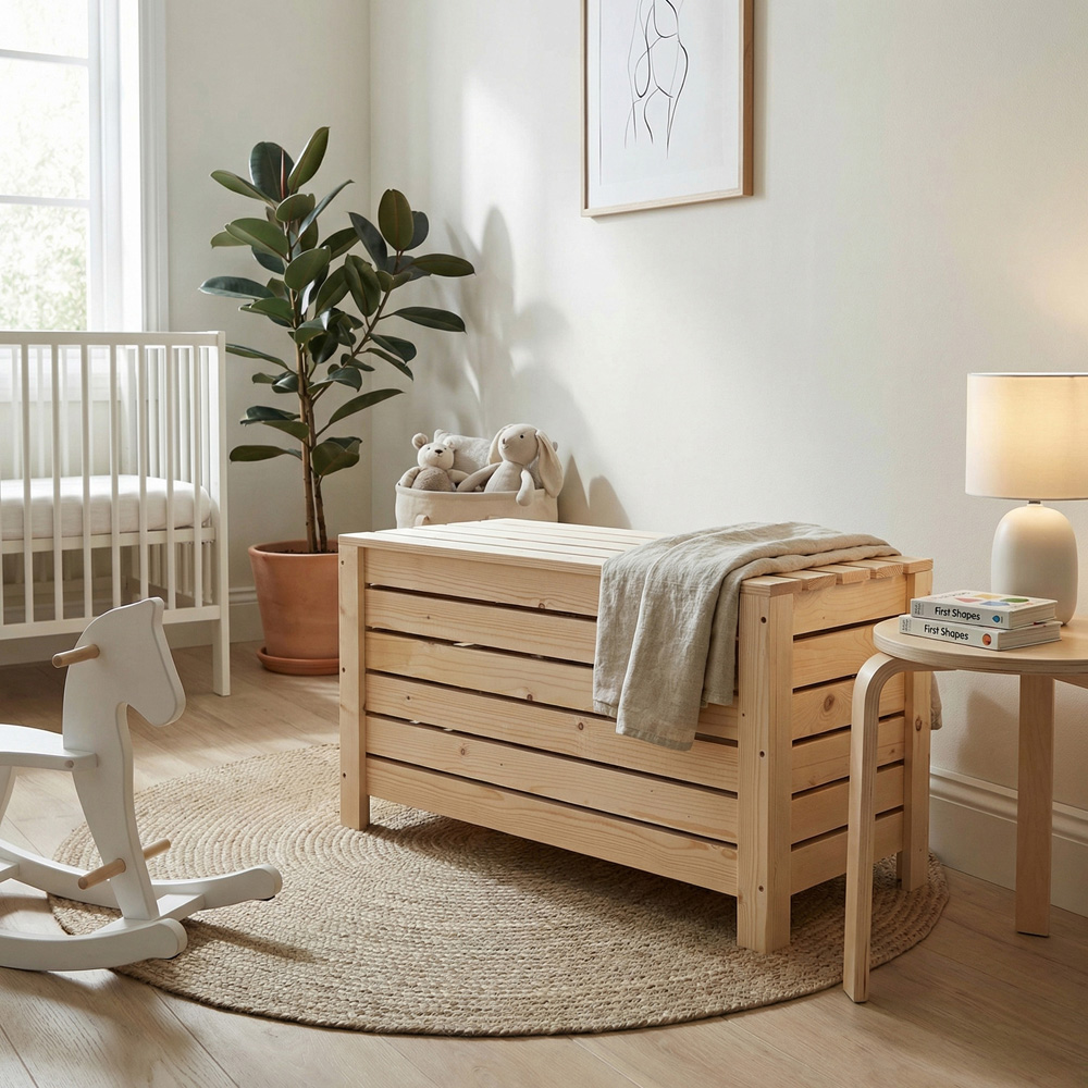 Core Products Natural Pre-Sanded Solid Pine Slatted Wide Storage Box with Lid Image 8