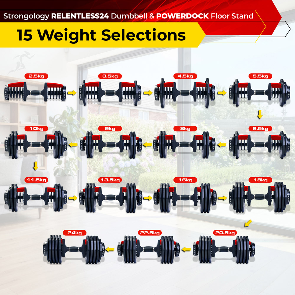 Strongology Relentless24 Adjustable Dumbbell Pair with Powerdock Floor Stand 2.5kg to 24kg Image 2