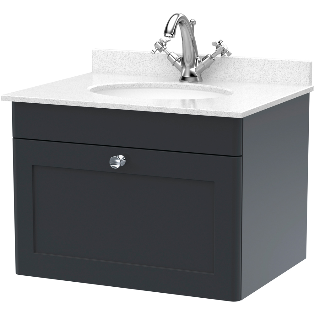 nuie Classique Single Drawer Soft Black and White Wall Hung Unit and 1 Tap Hole Marble Basin 600mm Image 1