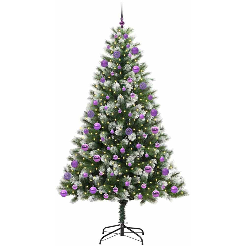 vidaXL Pre-Lit Lilac Baubles Green Artificial Snow Tipped Hinged Christmas Tree 7ft Image 1
