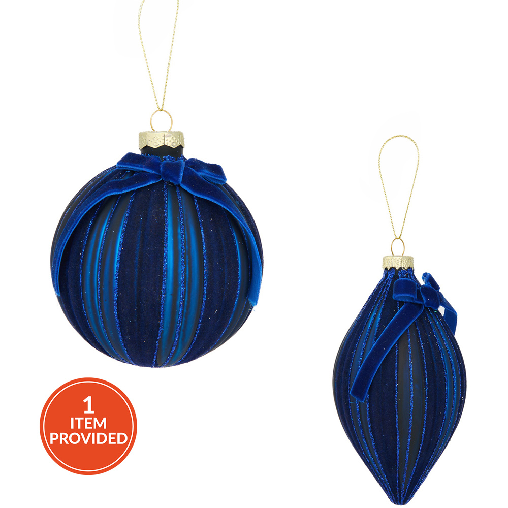 Navy Glitter Flocked Bow Bauble Image 1