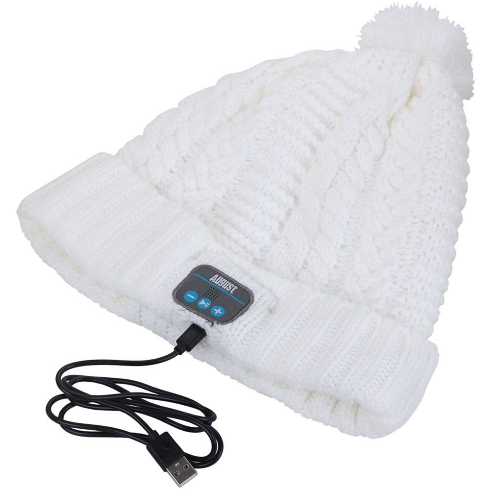 August EPA30W White Bobble Beanie Hat with Rechargeable Bluetooth Headphones and Mic Image 2