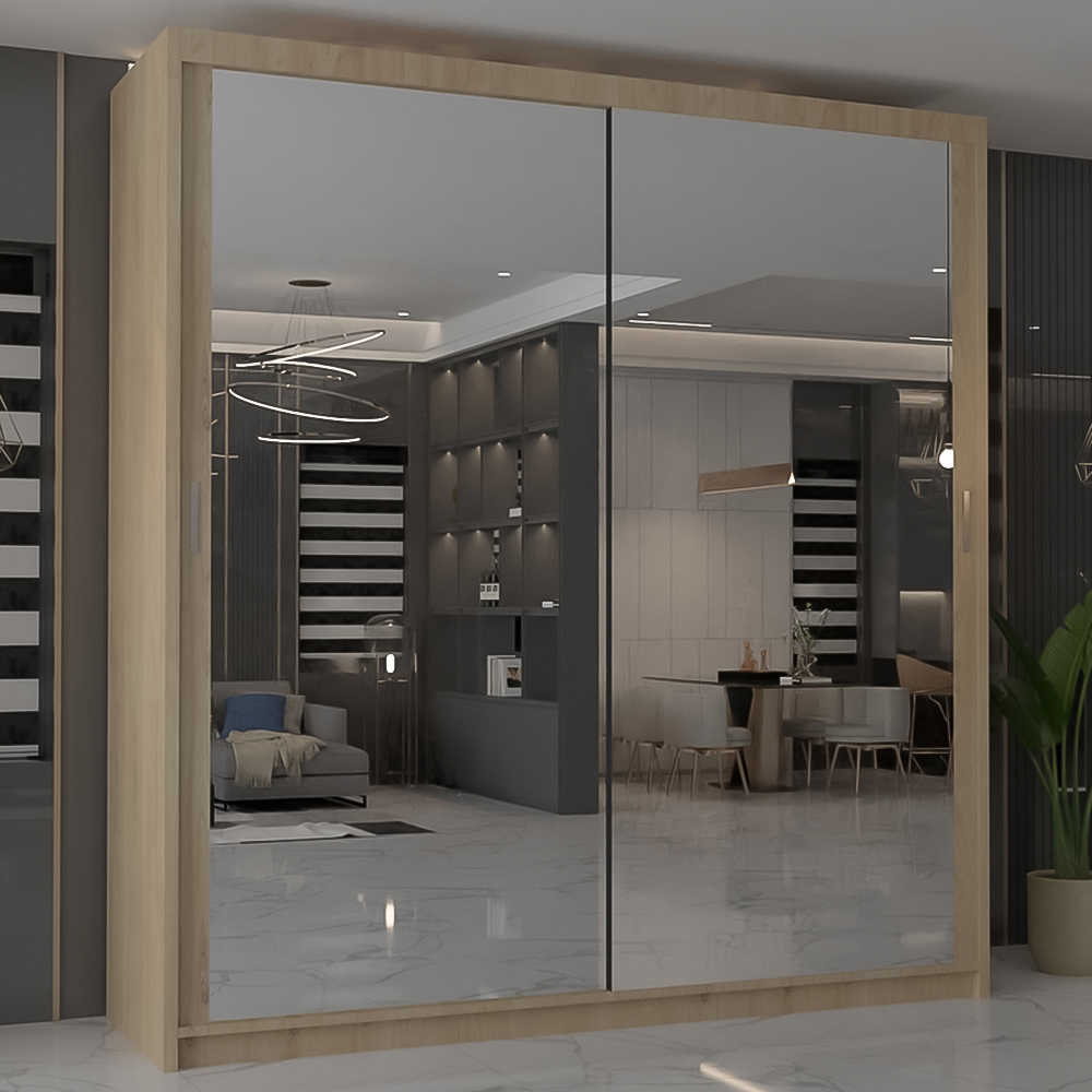 M N Furniture Modern Gala 2 Door Oak Mirrored Sliding Wardrobe 120cm Image 1