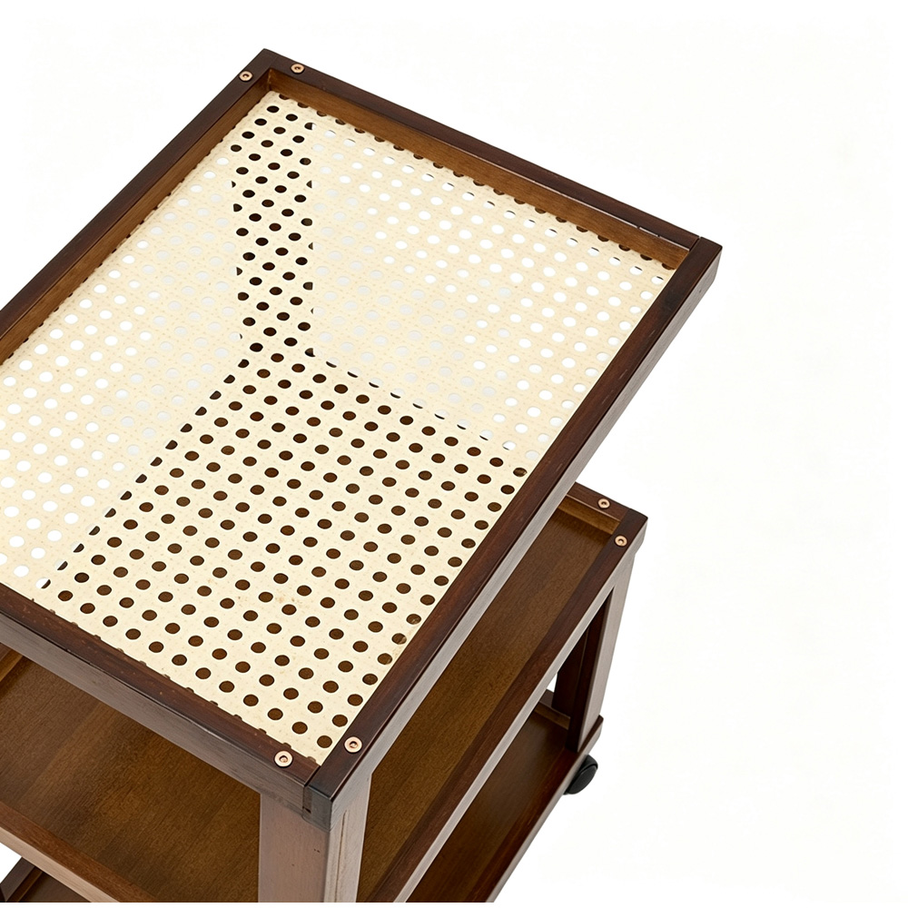 Living and Home 3-Tier Brown Bamboo Faux Rattan Top Side Table with Lockable Castors Image 3