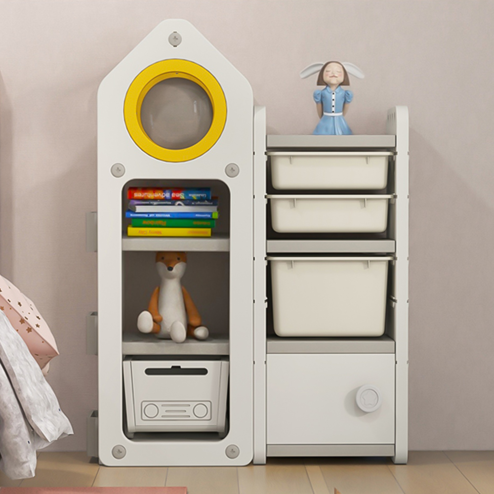 Costway Beige Kids Toy Storage Organiser with Mobile Trolley and Unique Roof Image 1