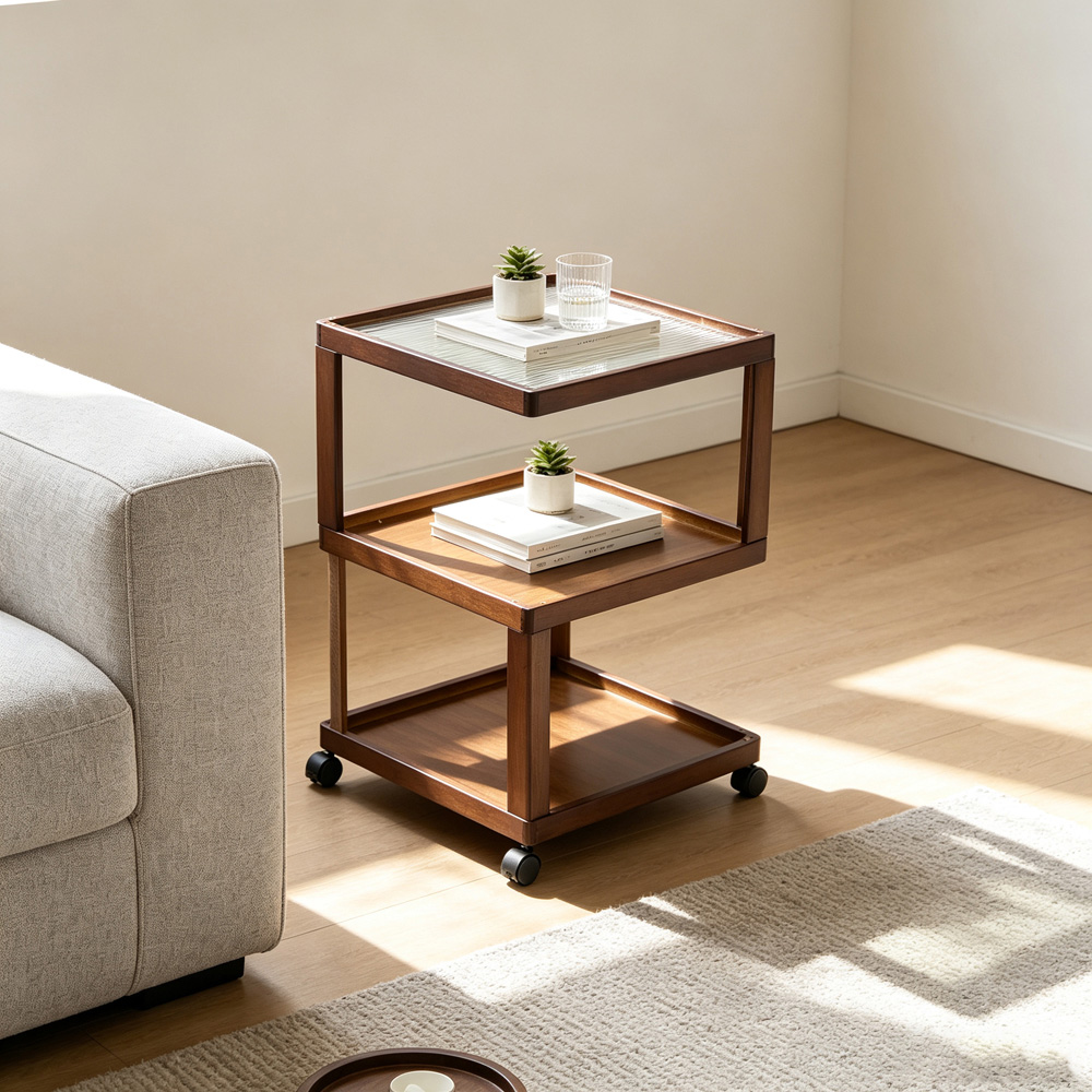 Living and Home 3-Tier Brown Bamboo Acrylic Top Side Table with Lockable Castors Image 8