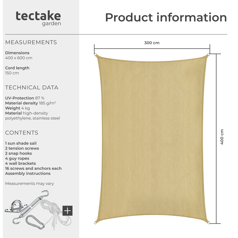 tectake Sonny Sand Water-Resistant Sun Shade Sail 300 x 400cm Image 8