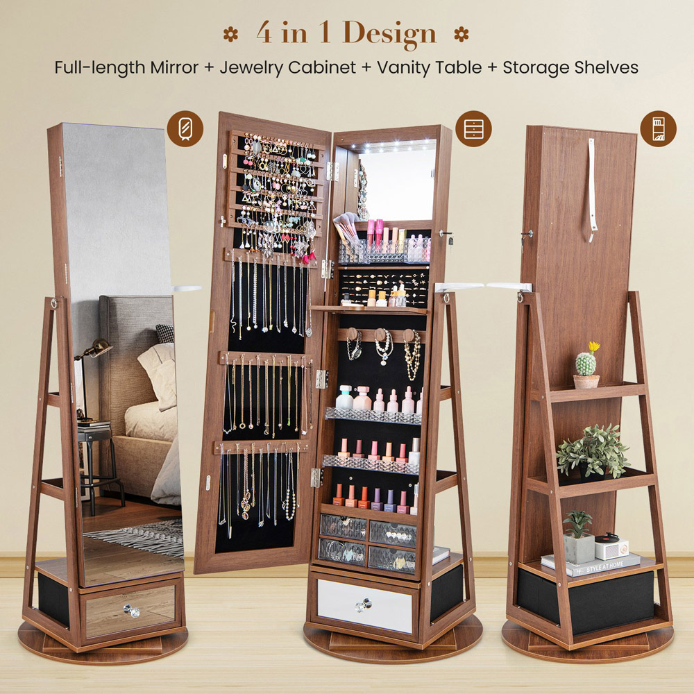 Costway Walnut Swivel Mirrored Lockable Jewelry Cabinet Image 8