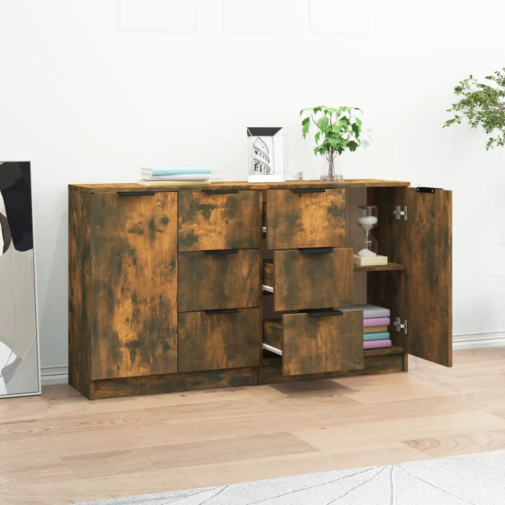 vidaXL Single Door 3 Drawer Smoked Oak Sideboard Set of 2 Image 7